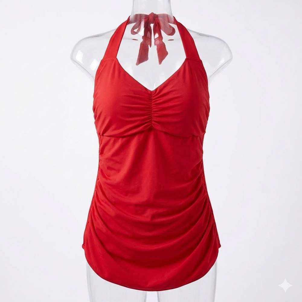 Suddenly Slim by Catalina Swimsuit Womens 3X Red Halter Ruched Tummy Control